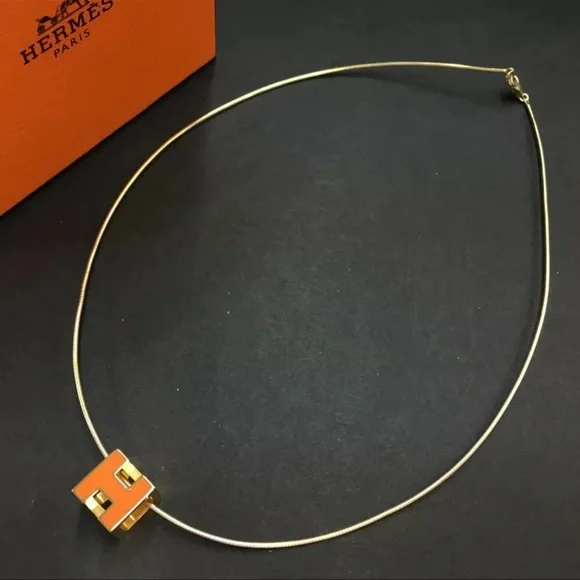 AUTH HERMES H Cube Orange Gold Pendant Necklace - Picture 1 of 6